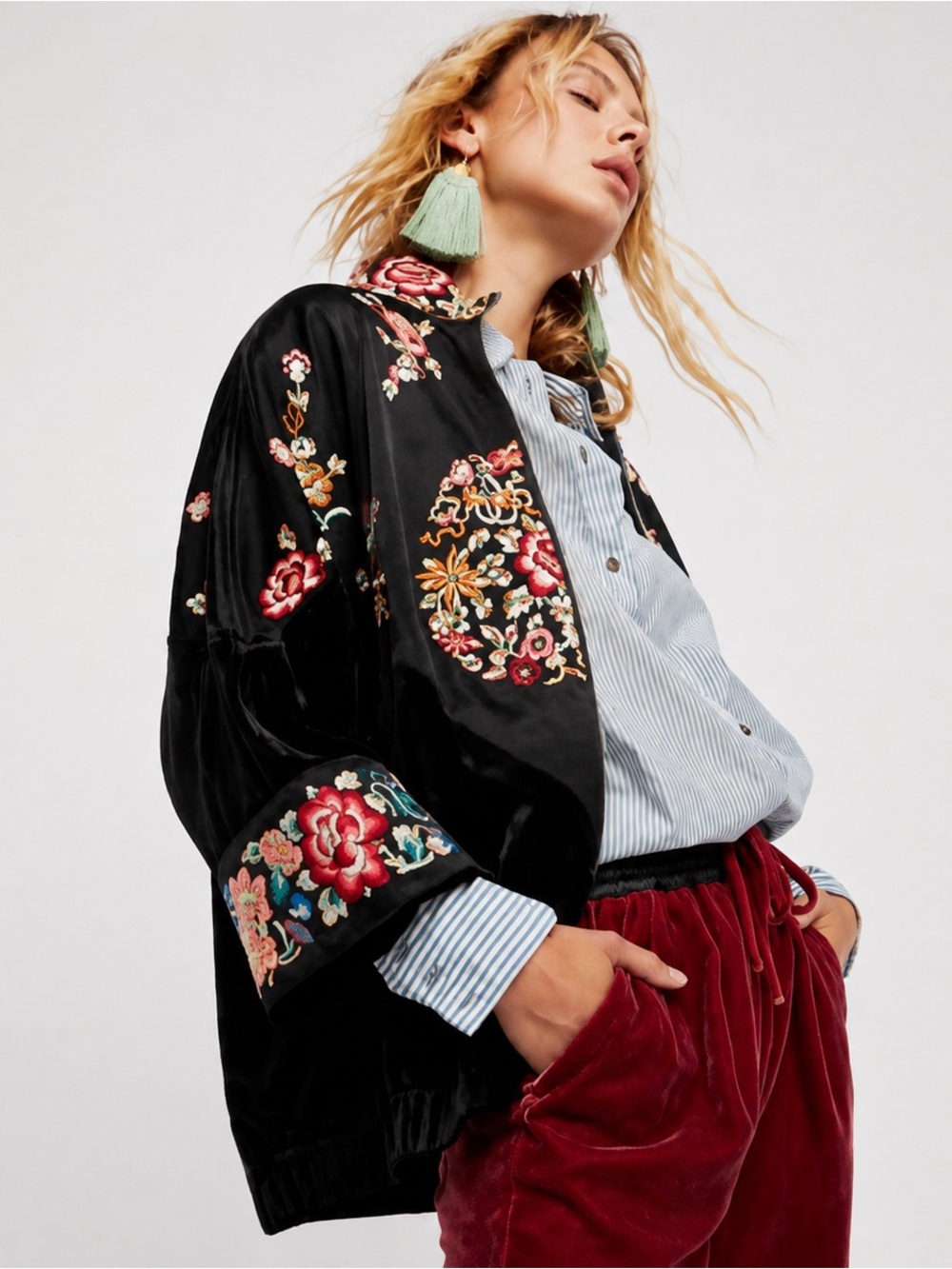 Free People Embroidered Velvet Bomber Jacket Black Size Medium